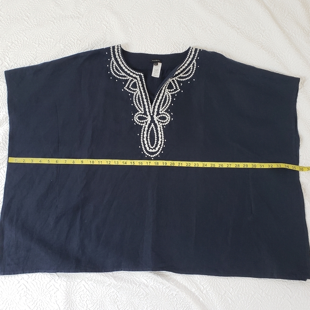 Talbots Navy + White Embroidered Poncho Linen, Size L - Picture 11 of 13
